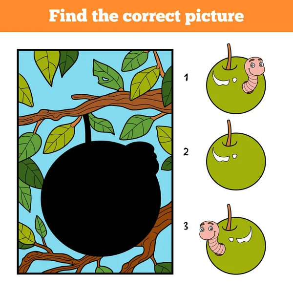 Hitta rätt bild, spel för barn. Worm i apple — Stock vektor