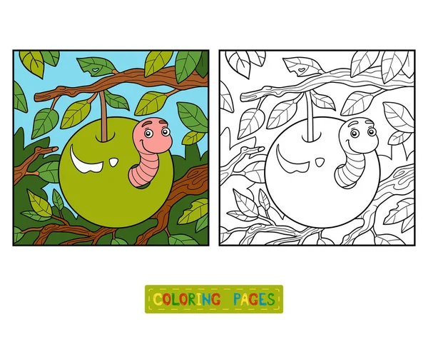 Livre à colorier, ver dans la pomme — Image vectorielle