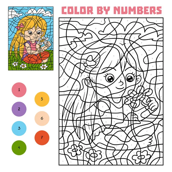 Color by number for children, Girl with a flower — Stock Vector