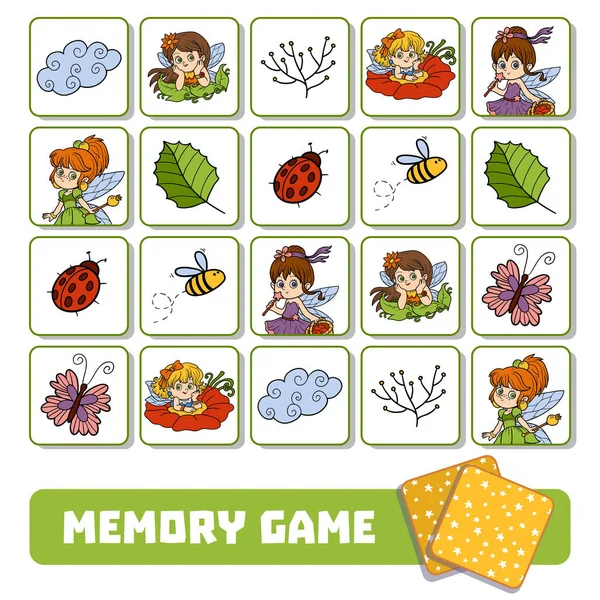 Гра пам'яті для дітей, карти з феями та природними об'єктами — стоковий вектор