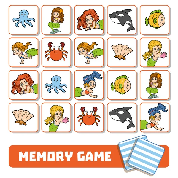 Hafıza oyunu çocuk, kartlar ile deniz kızları ve balıklar — Stok Vektör
