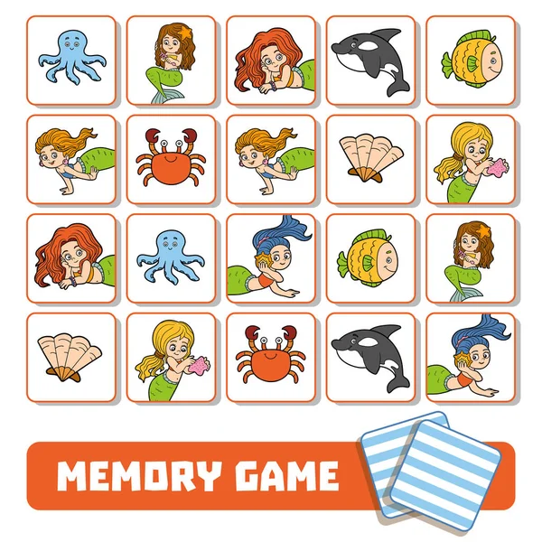 Jeu de mémoire pour enfants, cartes avec sirènes et poissons — Image vectorielle