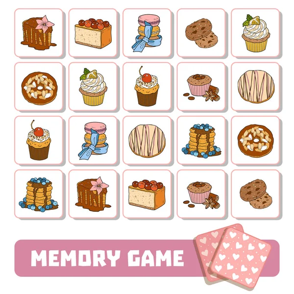 Juego de memoria para niños, tarjetas con dulces y pasteles — Vector de stock