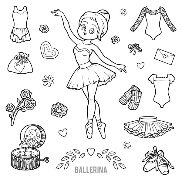 Vector zwart / wit set met ballerina en dansende objecten — Stockvector