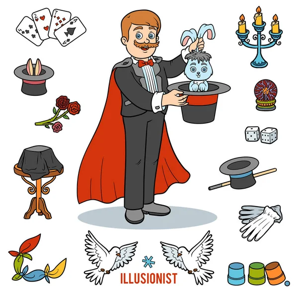 Vector set with magician and objects for magic tricks — Stock Vector
