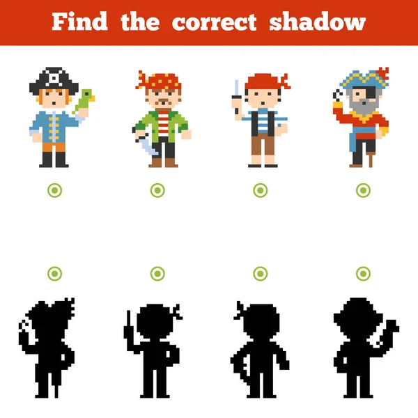Βρείτε τη σωστή σκιά, παιχνίδι για τα παιδιά. Σετ πειρατή χαρακτήρες κινουμένων σχεδίων — Διανυσματικό Αρχείο