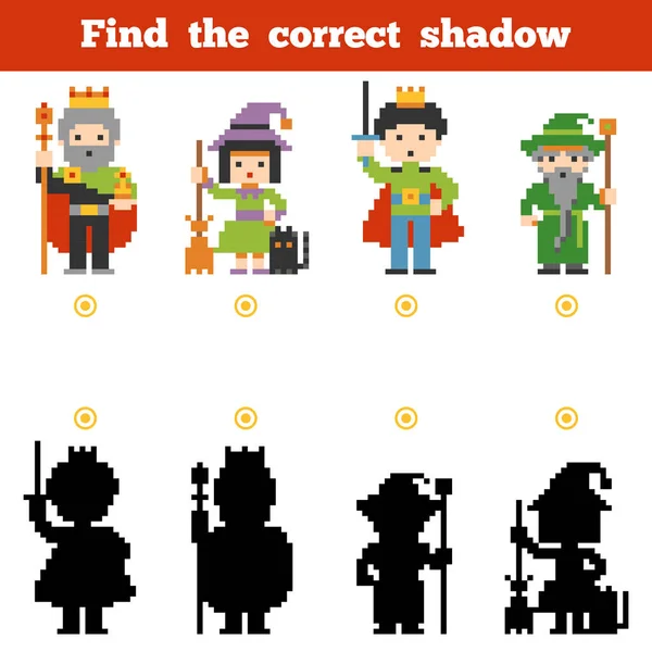 Encontre a sombra correta, jogo para crianças. Conjunto de personagens de contos de fadas de desenhos animados —  Vetores de Stock