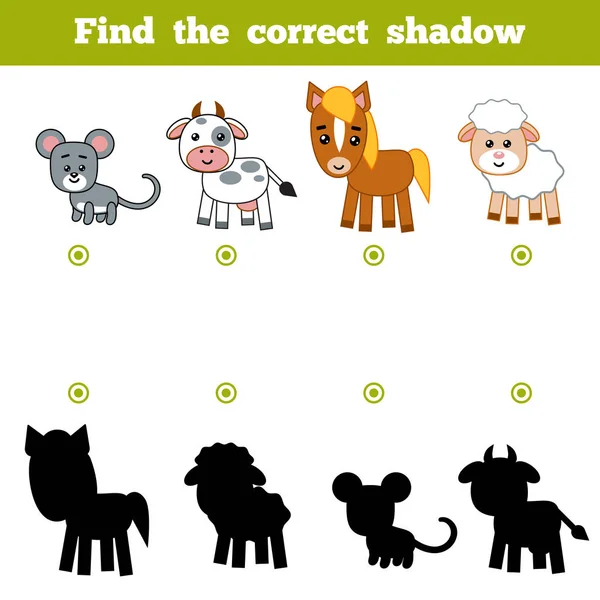 Βρείτε τη σωστή σκιά, εκπαίδευση παιχνίδι για τα παιδιά. Σύνολο των αγροτικών ζώων — Διανυσματικό Αρχείο