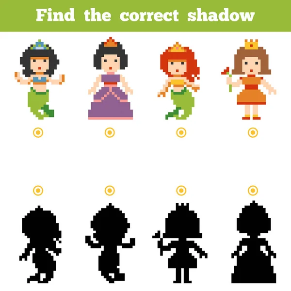 Encontrar la sombra correcta, juego para los niños. Juego de personajes de cuento de hadas de dibujos animados — Vector de stock