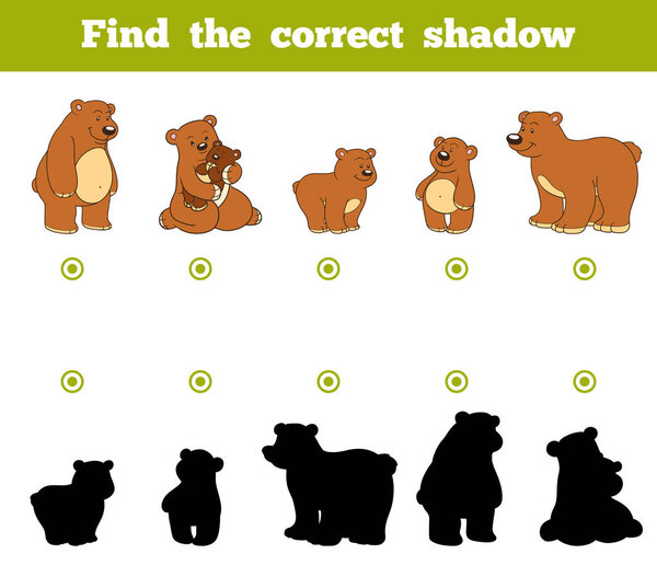 Find the correct shadow, game for children. Set of cartoon bears