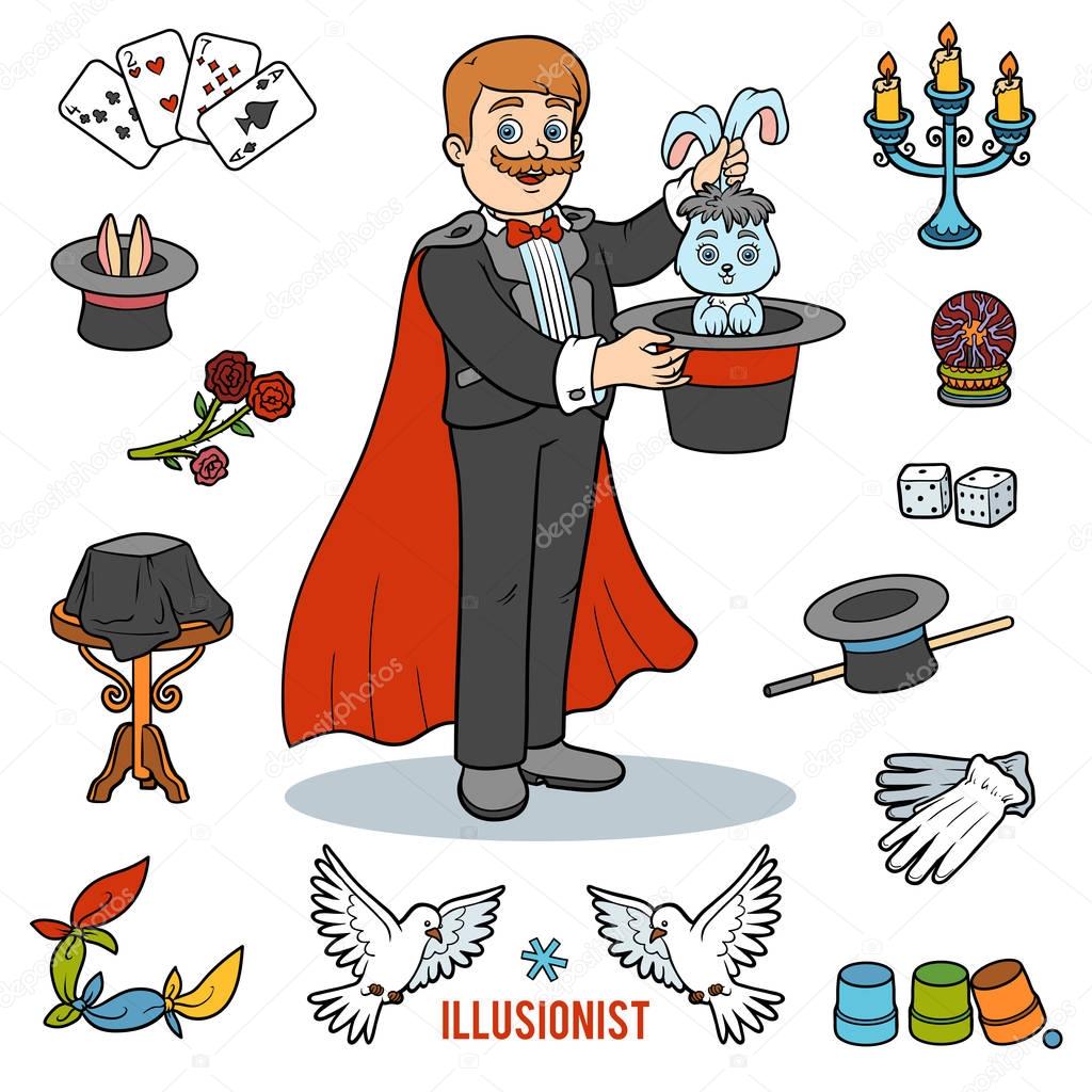 Vector set with magician and objects for magic tricks