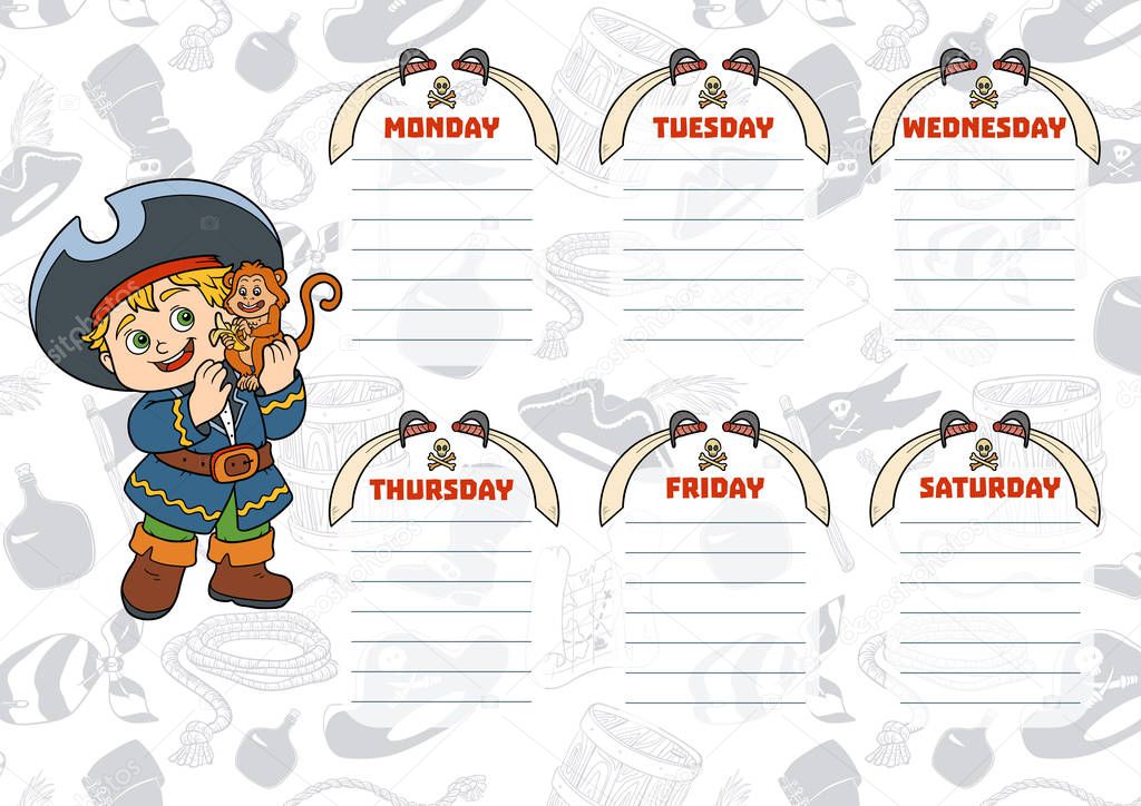 School timetable for children with days of week. Cartoon pirate with a monkey