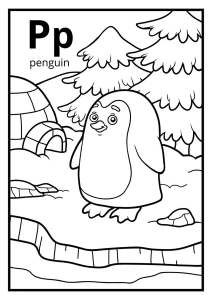 Livro para colorir, alfabeto incolor. Carta P, pinguim — Vetor de Stock