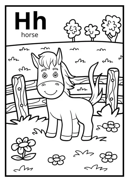Livre à colorier, alphabet incolore. Lettre H, cheval — Image vectorielle