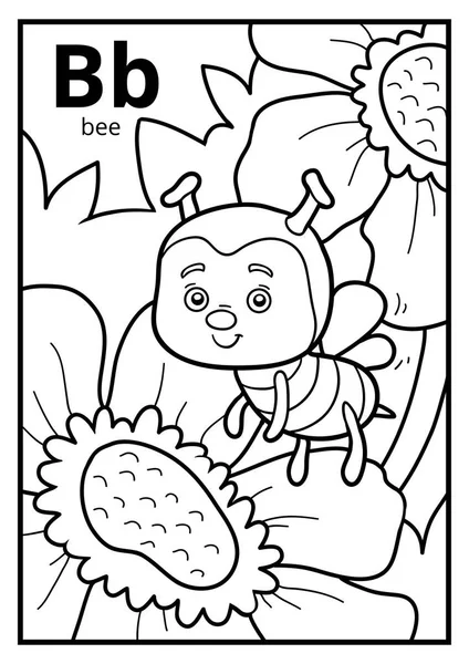 Livre à colorier, alphabet incolore. Lettre B, abeille — Image vectorielle