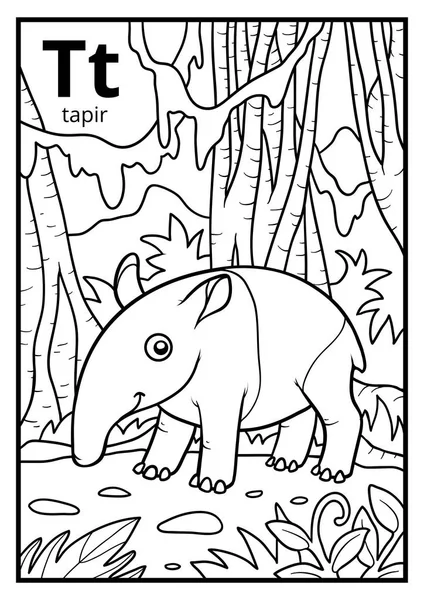 Libro para colorear, alfabeto incoloro. Letra T, tapir — Archivo Imágenes Vectoriales