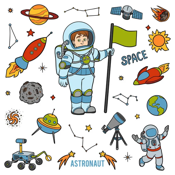 Conjunto de vetores com astronautas e objetos espaciais. Artigos de desenhos animados — Vetor de Stock