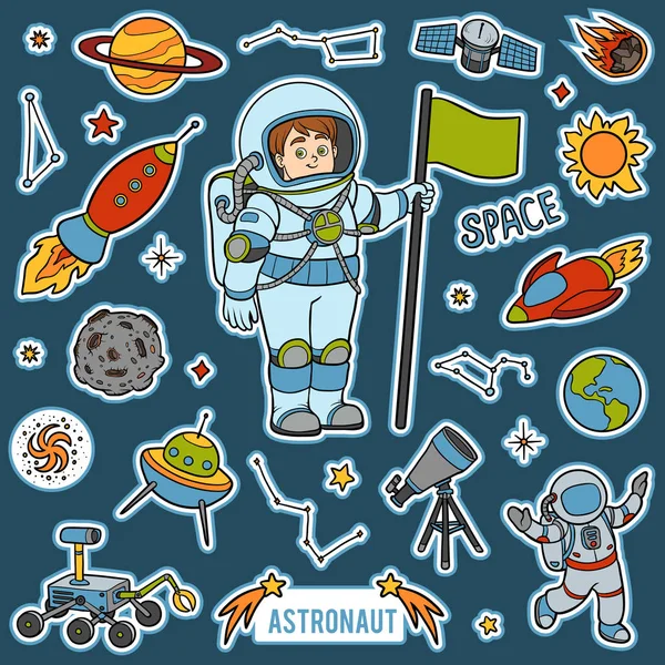 Vektor set med astronaut och utrymme objekt. Tecknade objekt — Stock vektor
