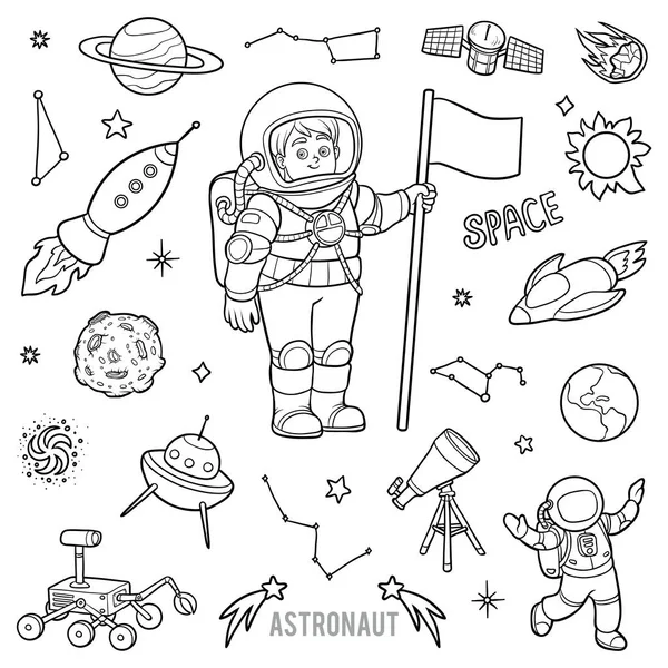 Vektorset mit Astronauten- und Weltraumobjekten. Schwarz-Weiß-Artikel — Stockvektor