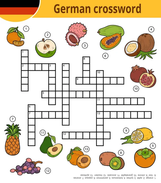 Mots croisés allemands, jeu éducatif pour les enfants sur les fruits tropicaux — Image vectorielle