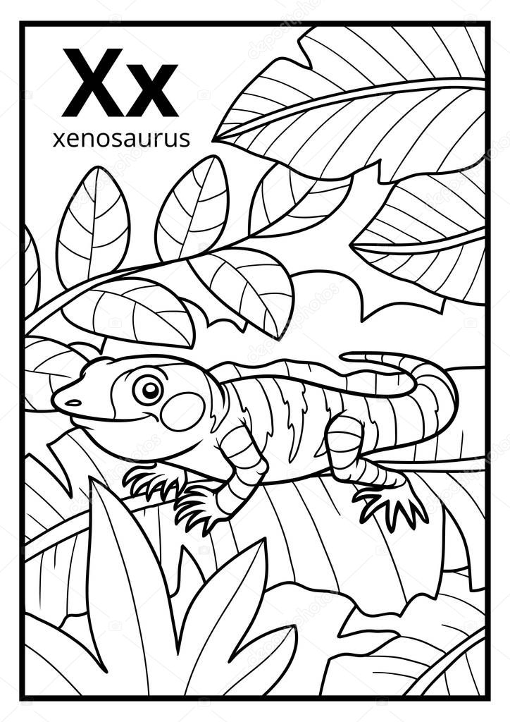 Coloring book, colorless alphabet. Letter X, xenosaurus