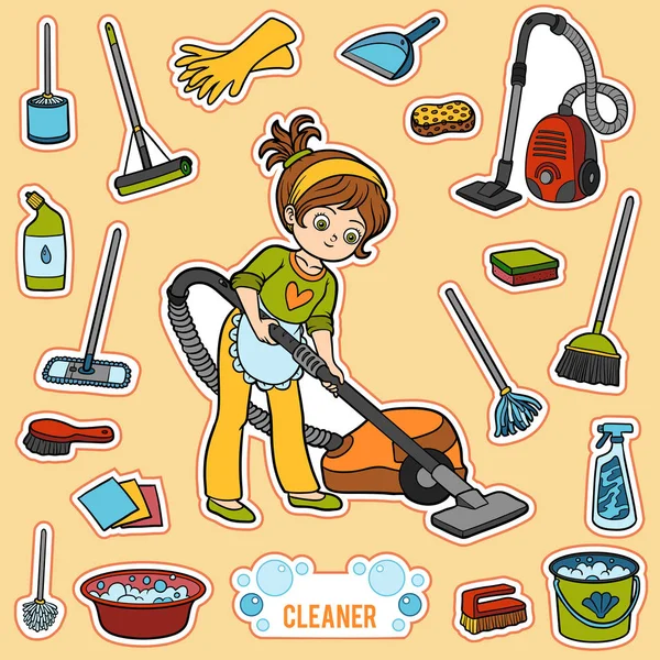 Wektor zestaw z dziewczyna i obiektów do czyszczenia. Kolorowe przedmioty — Wektor stockowy