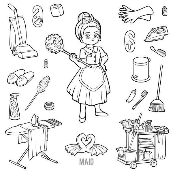 Conjunto preto e branco com empregada doméstica e objetos para limpeza — Vetor de Stock