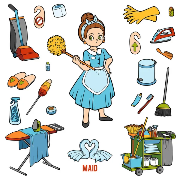 Set coloré avec femme de ménage et objets pour le nettoyage. Jeu d'autocollants de dessin animé — Image vectorielle