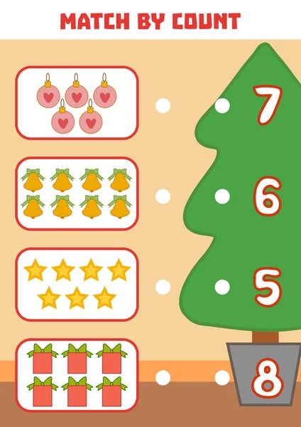 就学前の子供のゲームをカウントします。クリスマス画像内のオブジェクトをカウントし、正しい答えを選択 — ストックベクタ