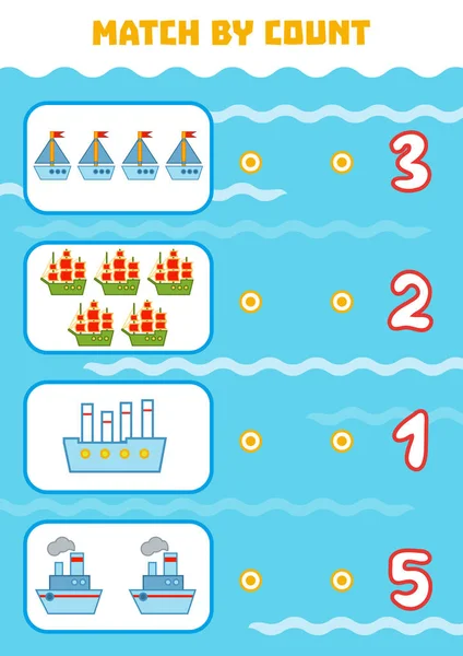 Jeu de compte pour enfants d'âge préscolaire. Comptez les navires dans l'image et choisissez la bonne réponse — Image vectorielle