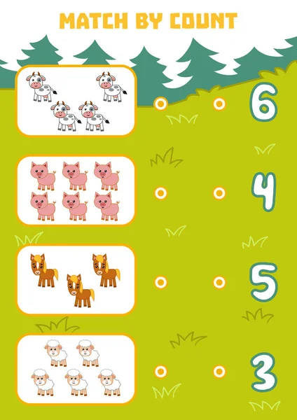 Spel tellen voor kleuters. Tellen van landbouwhuisdieren in de afbeelding en kies het juiste antwoord — Stockvector