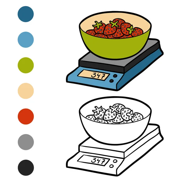Livro para colorir, Balanças de cozinha e morangos — Vetor de Stock