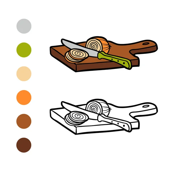 Libro para colorear, Tabla de cortar y cebolla — Vector de stock