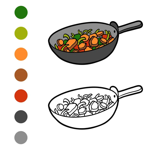 Libro para colorear, Verduras en una sartén — Vector de stock