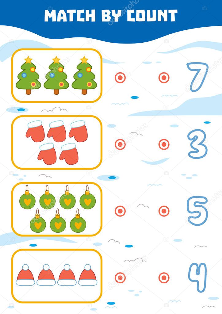 Counting Game for Preschool Children. Count Christmas objects in the picture and choose the right answer