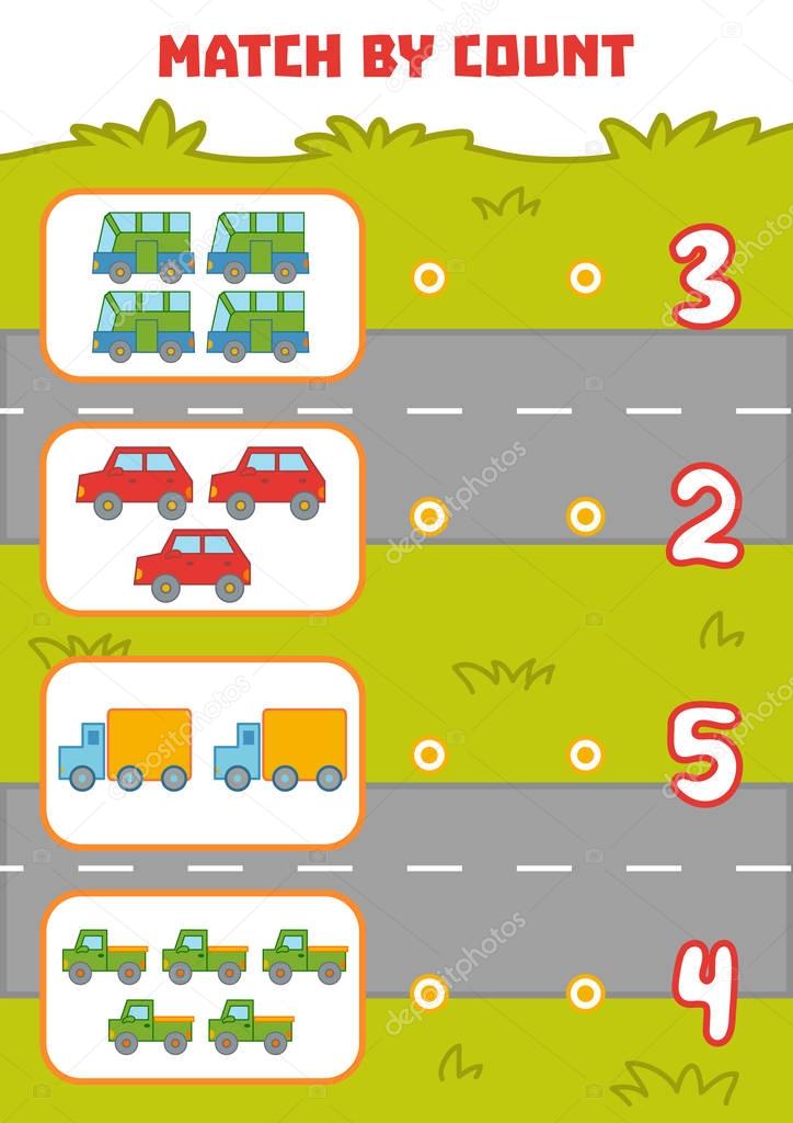 Counting Game for Preschool Children. Count cars in the picture and choose the right answer