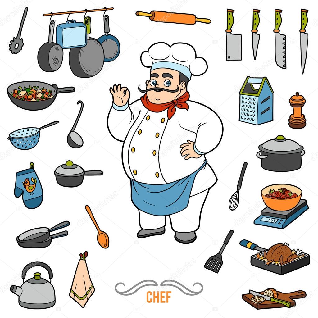 Vector set with chef and objects for cooking. Cartoon sticker set