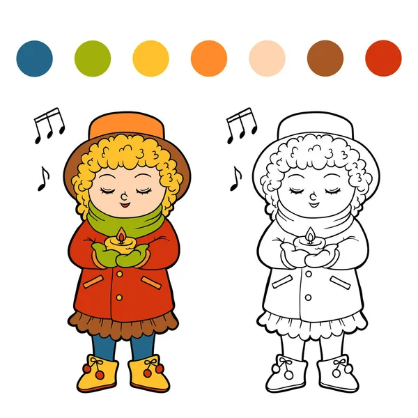 Kolorowanka dla dzieci, Dziewczyna śpiewa piosenki świąteczne — Wektor stockowy