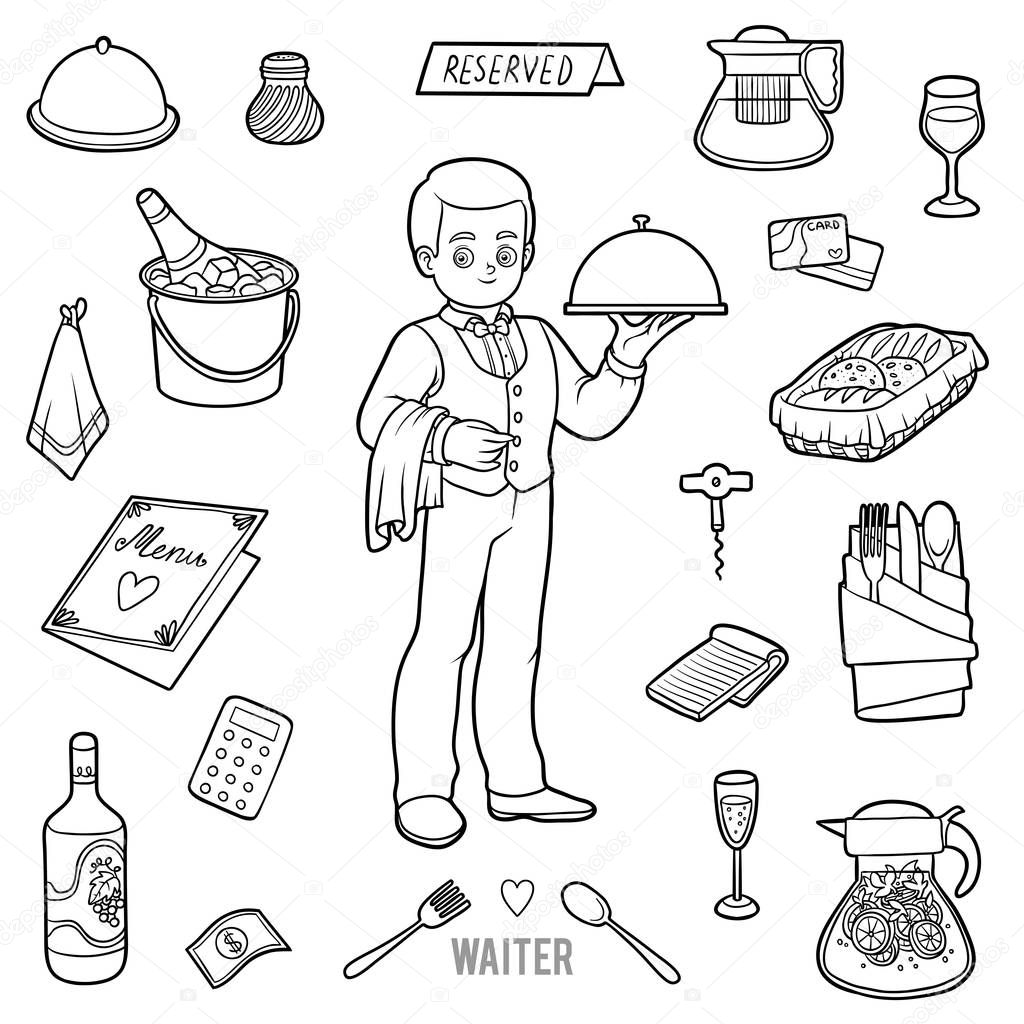 Vector colorless set with waiter and objects from the restaurant