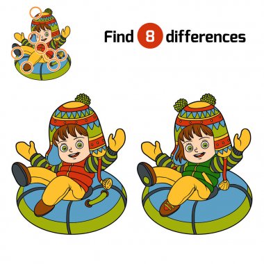Find differences, Happy girl riding on the tubing, inflatable sled clipart