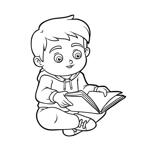 Βιβλίο με σελίδες χρωματισμού, νεαρό αγόρι, διαβάζοντας ένα βιβλίο — Διανυσματικό Αρχείο