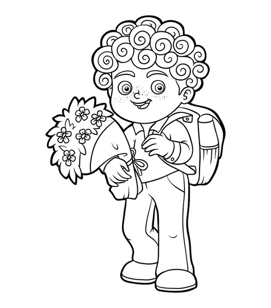 Målarbok, skolpojke med blommor — Stock vektor