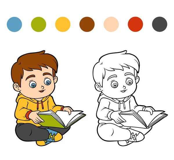 Livro para colorir, Jovem menino lendo um livro —  Vetores de Stock