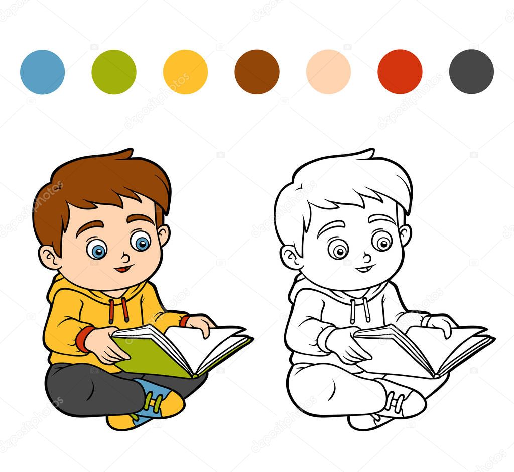 Coloring book, Young boy reading a book