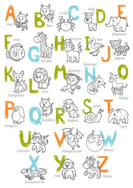 Vektör siyah beyaz Hayvanat Bahçesi alfabesi ile sevimli hayvanlar