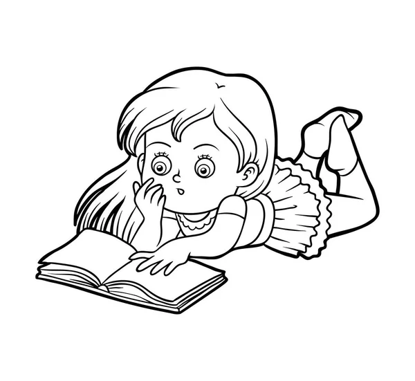 Libro da colorare, Giovane ragazza che legge un libro — Vettoriale Stock