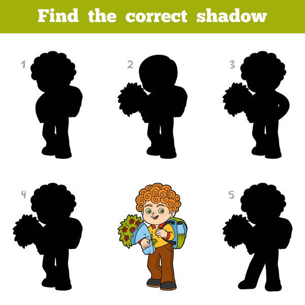 Найти правильный тени, игры для детей, Schoolboy с цветами

