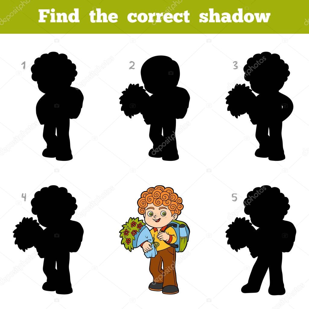 Find the correct shadow, game for children, Schoolboy with flowers