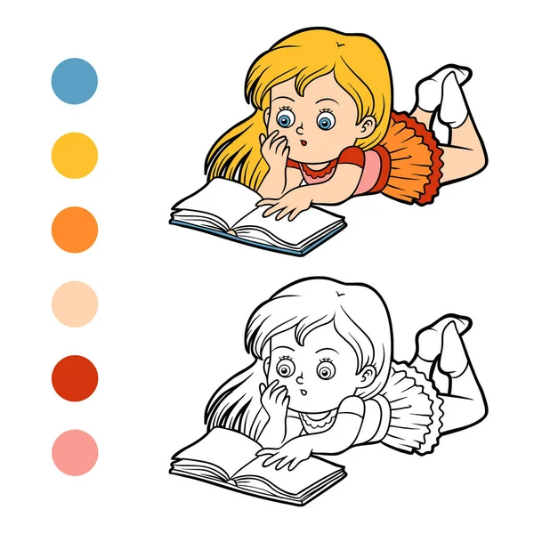 색칠 하기 책, 책을 읽는 어린 소녀 — 스톡 벡터