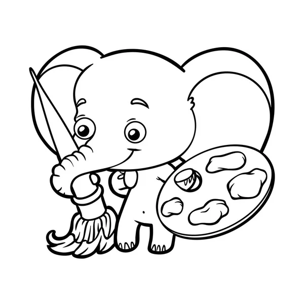 Coloring book, elephant with paints and a brush — Stock Vector